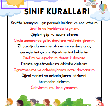 10 Maddede Sınıf Kuralları Panosu İlkokul