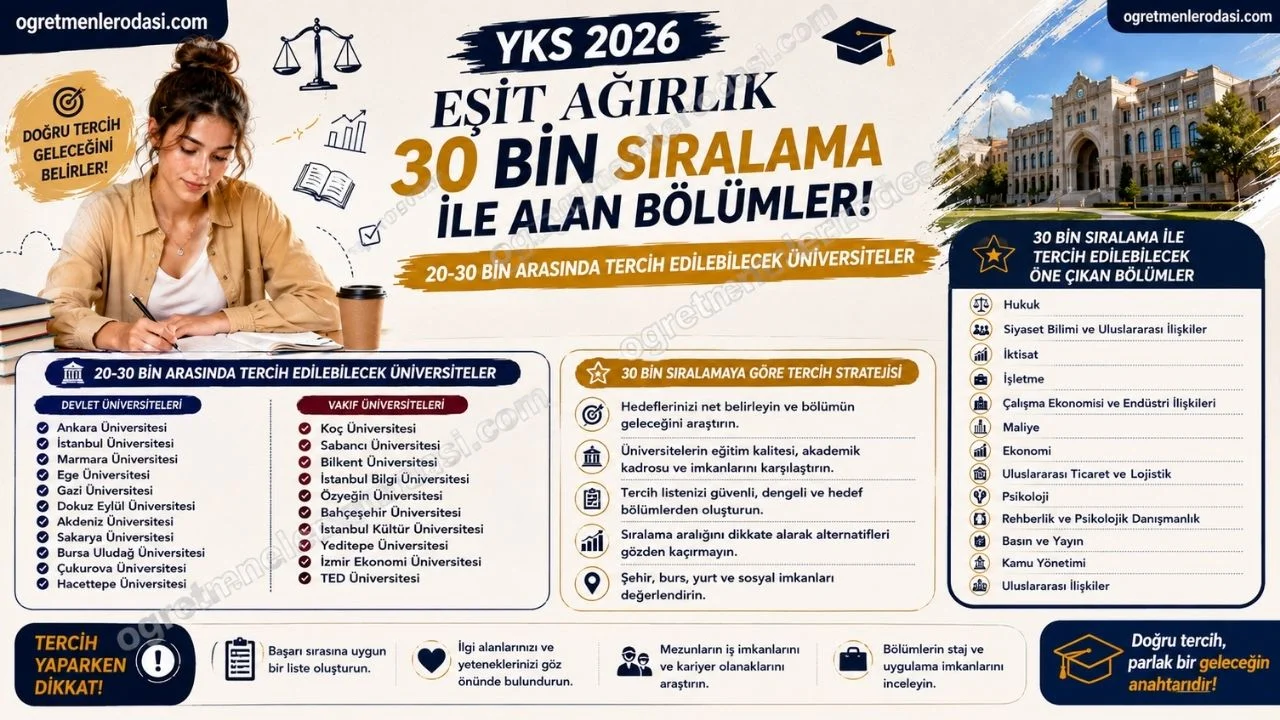 YKS 2026 Eşit Ağırlık 30 bin sıralama ile alan bölümler! Eşit Ağırlık 20-30 Bin Arasında Tercih Edilebilecek Üniversiteler