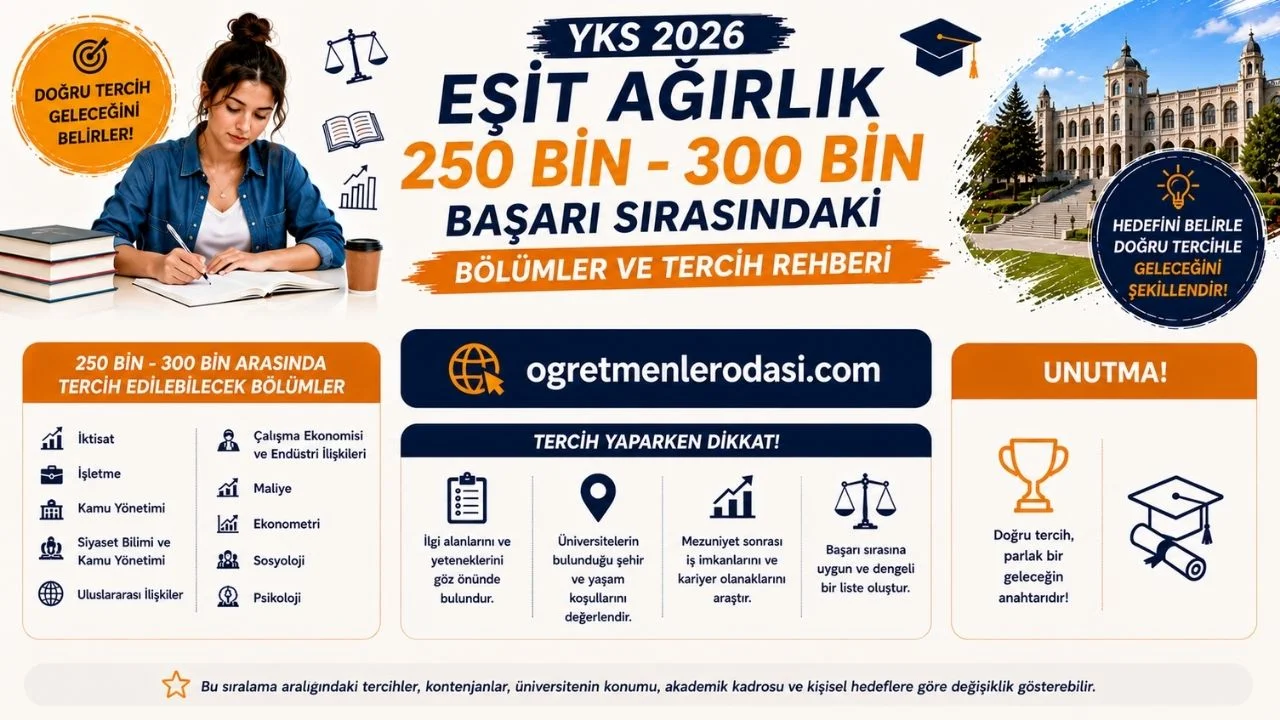 300 Bin Sıralama ile alan bölümler! YKS 2026 Eşit Ağırlık 250-300 Bin Başarı Sırasına Göre Tercih Edilebilecek Üniversiteler
