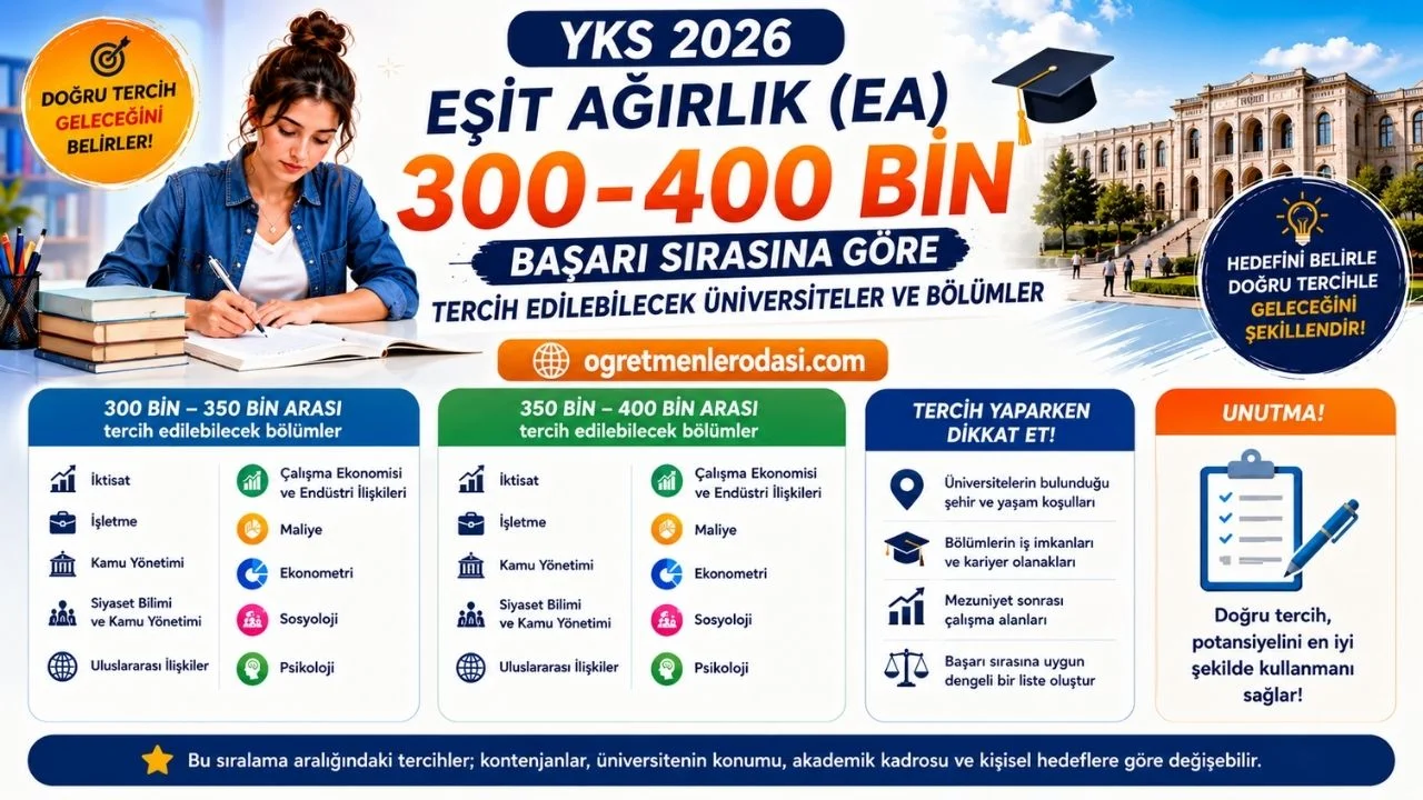 YKS 2026: EA 300-400 Bin Başarı Sırasına Göre Tercih Edilebilecek Üniversiteler ve Bölümler