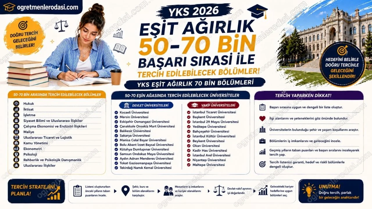 YKS 2026: Eşit Ağırlık 50-70 Bin Başarı Sırası ile Tercih Edilebilecek Bölümler! YKS Eşit Ağırlık 70 bin bölümleri