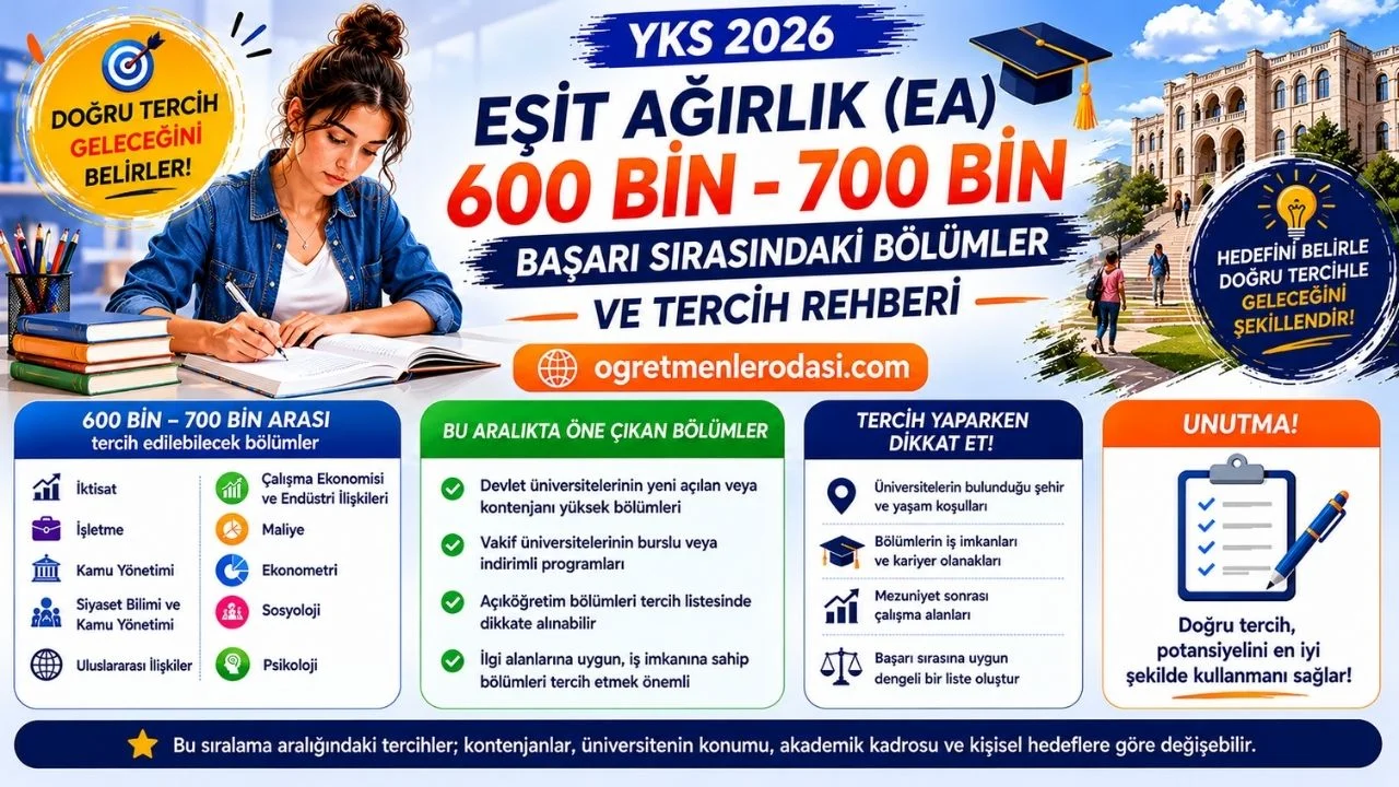 600 bin 700 bin sıralama ile alan bölümler YKS 2026! Eşit Ağırlık 700 bin ile hangi üniversite tercih edilir?