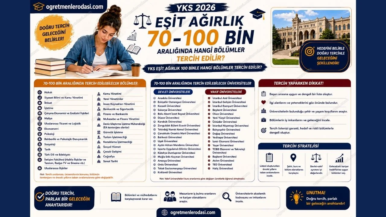 YKS 2026 Eşit Ağırlık 100 binle hangi bölümler tercih edilir? 70-100 bin aralığında yazılacak üniversiteler