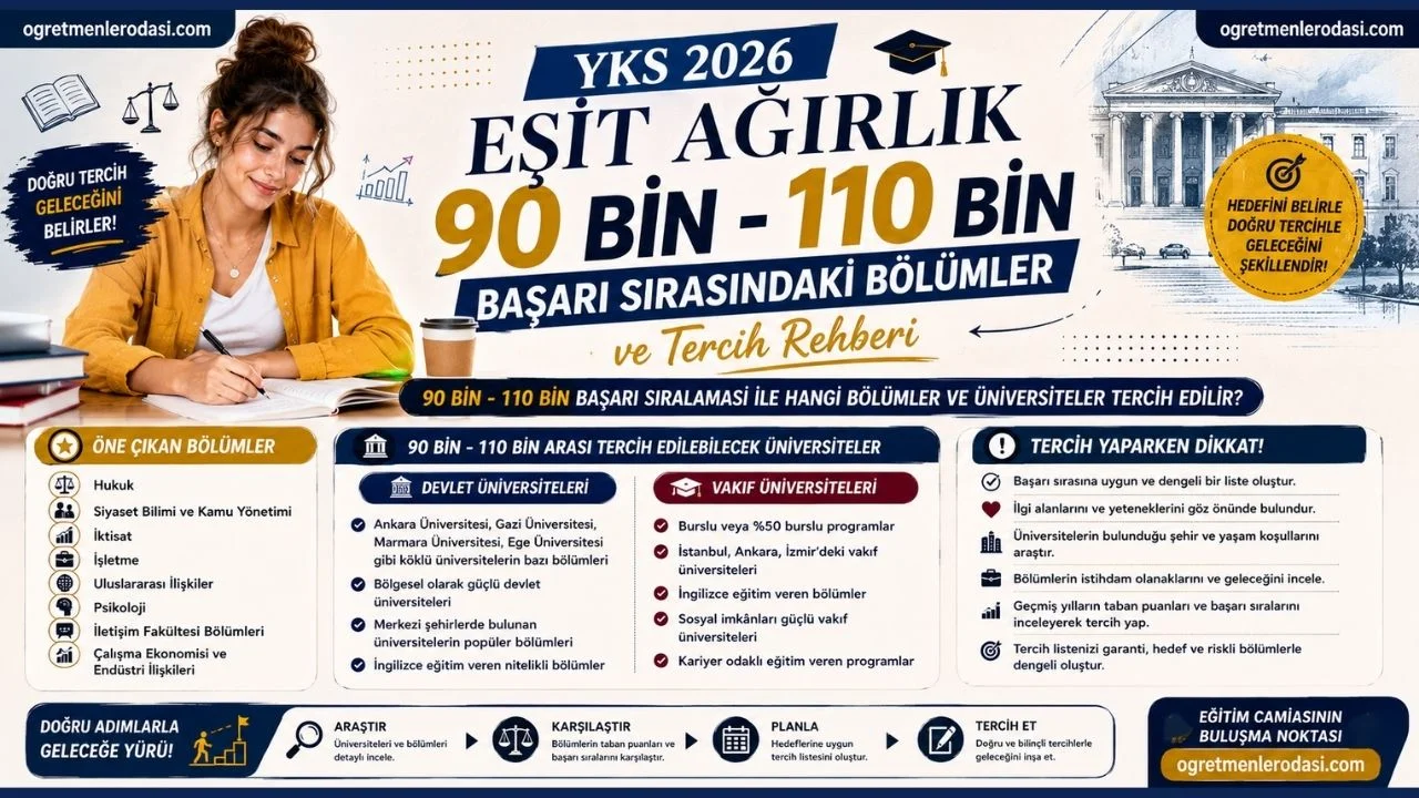 2026 YKS tercih döneminde Eşit Ağırlık (EA) puan türünde 90.000 ile 110.000 başarı sırası bandında yer alan en güncel devlet ve vakıf üniversitesi programları, taban puanları ve yerleşme dinamikleri.