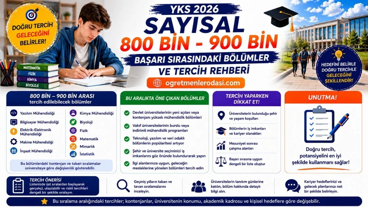 Sayısal 800-900 binle hangi bölümler gelir? YKS 2026 Sayısal 1 milyon sıralamayla tercih edilecek üniversiteler
