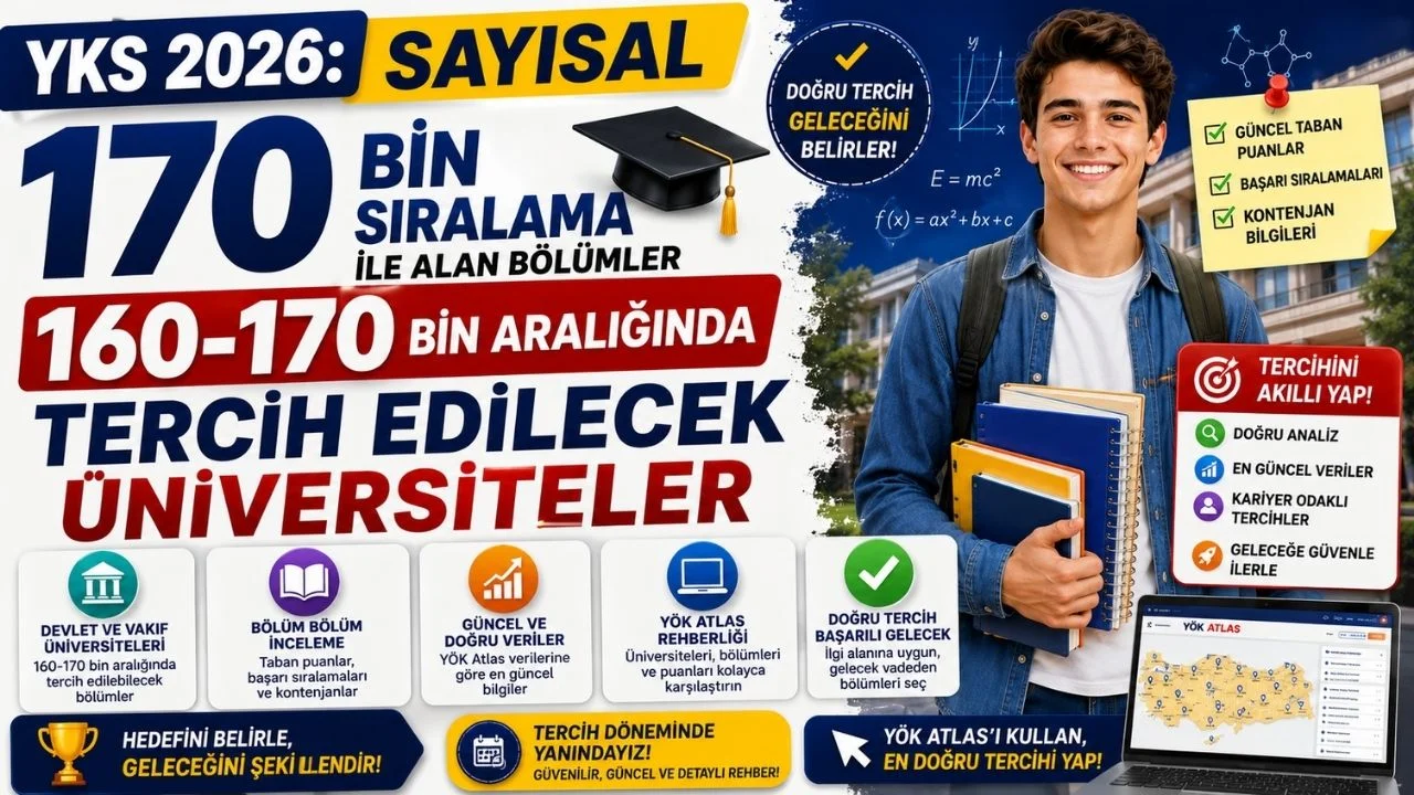 YKS 2025: Sayısal 170 bin sıralama ile alan bölümler 160-170 bin aralığında tercih edilecek üniversiteler