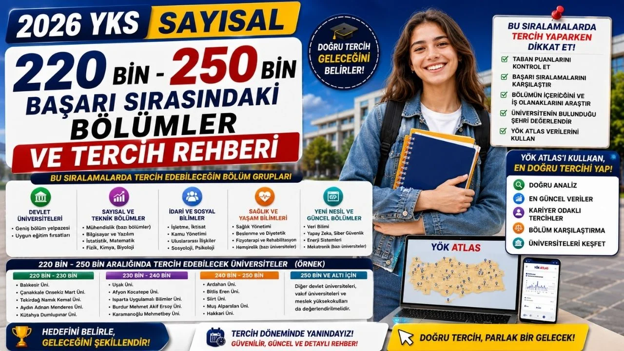 YKS 2026: Sayısal 220 binle tercih edilebilecek bölümler! Sayısal 230 bin, 240 bin 250 binle hangi üniversiteye gidilir?