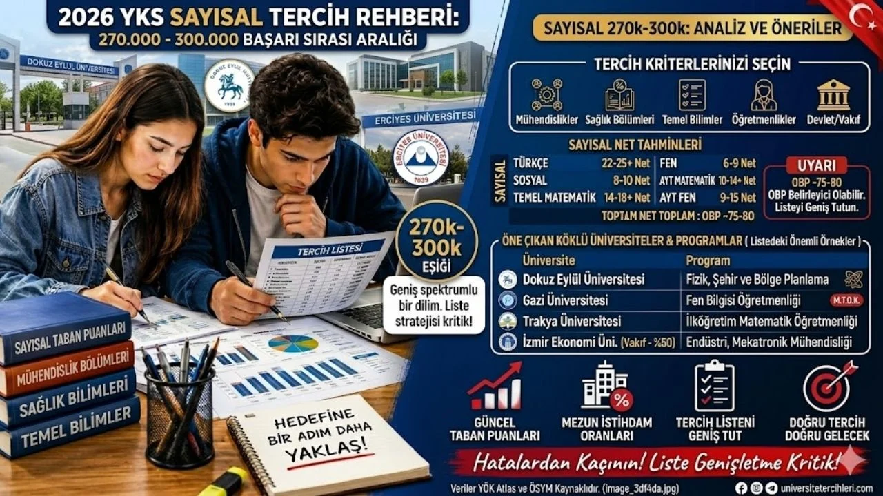 YKS 2026 Sayısal 300 binle hangi bölümler tercih edilir? Sayısal 270 bin, 280 bin, 290 bin, 300 binle gidilecek üniversiteler