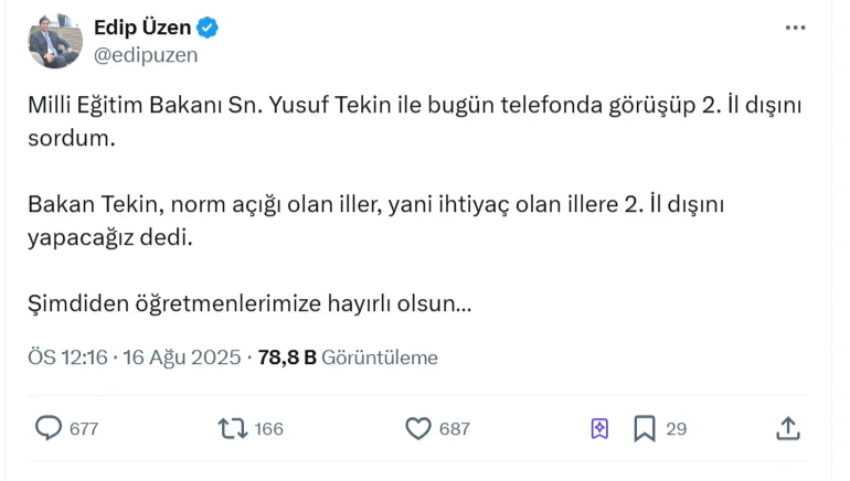 Memurlar.net Genel Yayın Yönetmeni Edip Üzen, Milli Eğitim Bakanı Yusuf Tekin ile bugün gerçekleştirdiği telefon görüşmesinden öğretmenleri yakından ilgilendiren önemli bir gelişmeyi aktardı.