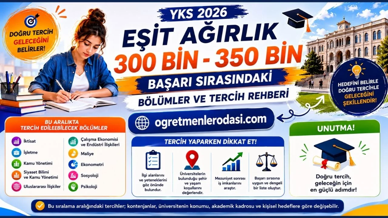 YKS Eşit Ağırlık 300 Bin - 350 Bin Sıralama ile Alan Bölümler! 310 bin, 320 bin, 330 bin, 340 bin tercihleri!