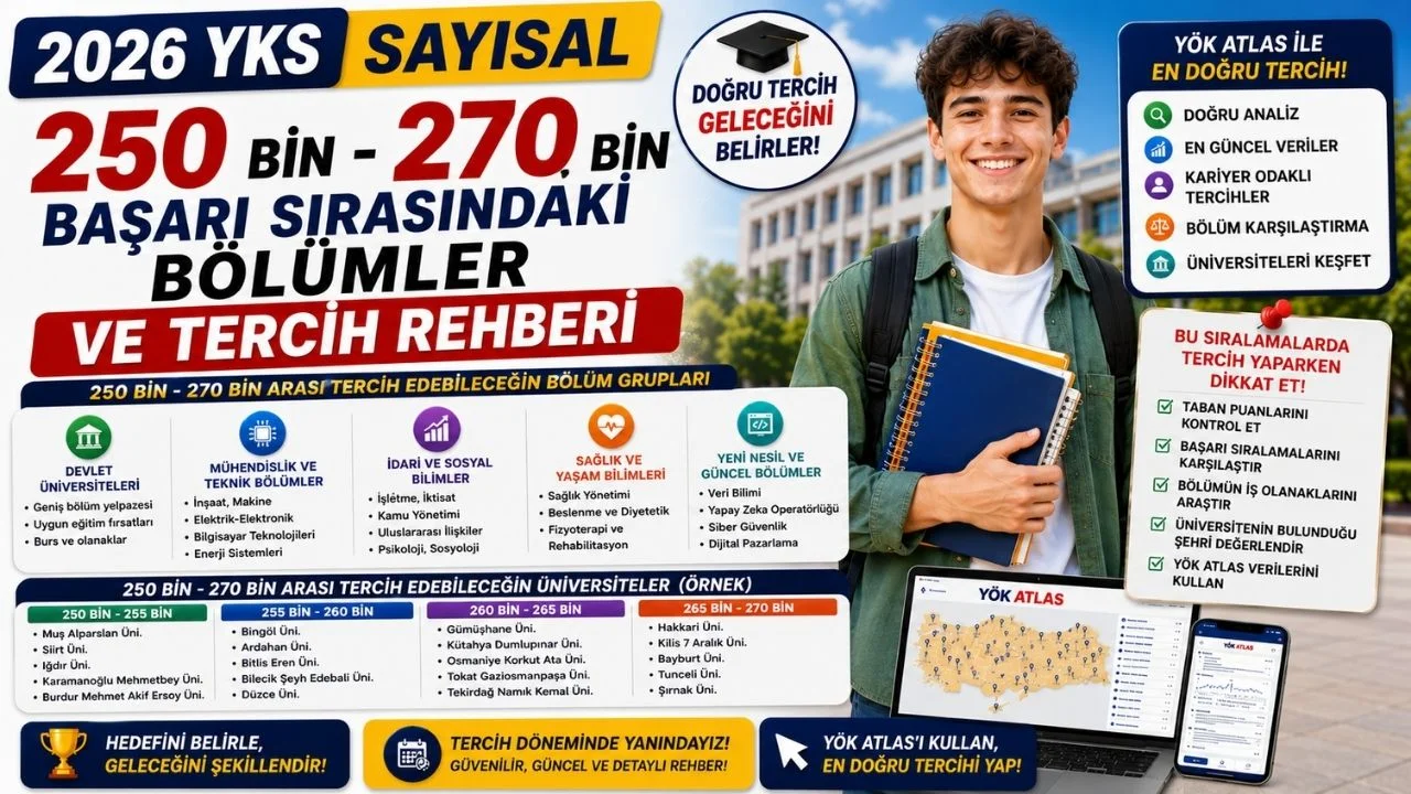 2026 YKS Sayısal 250 Bin - 270 Bin Başarı Sırasındaki Üniversiteler Bölümler ve Tercih Rehberi. Sayısal 270 Bin Sıralama Sınırı İçin Kaç Net Yapılmalı?