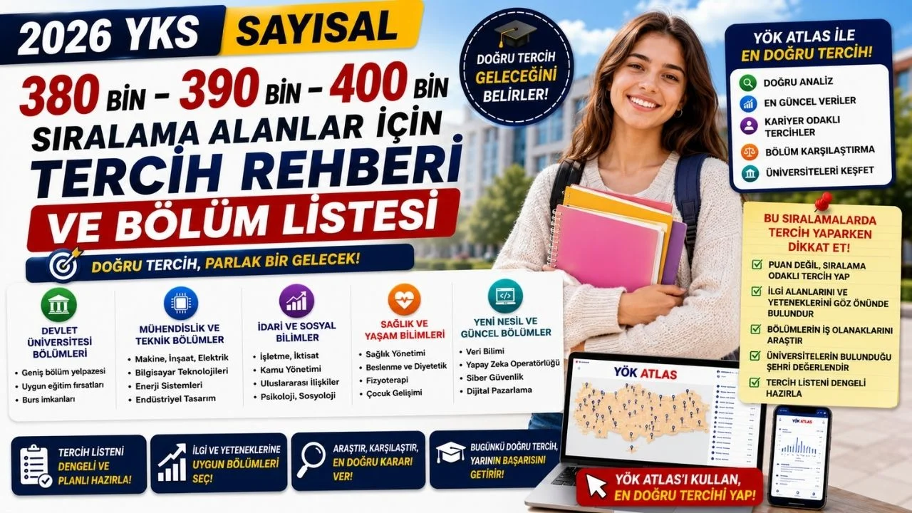 YKS Sayısal 380 Bin, 390 Bin, 400 Bin Sıralama ile Hangi Bölümler Gelir? Güncel 2026 YKS Tercih Rehberi!