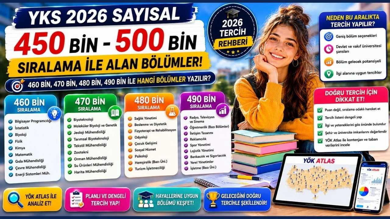 YKS 2026 Sayısal 450 Bin - 500 Bin Sıralama ile Alan Bölümler! 460 bin, 470 bin, 480 bin, 490 bin ile hangi bölümler yazılır?