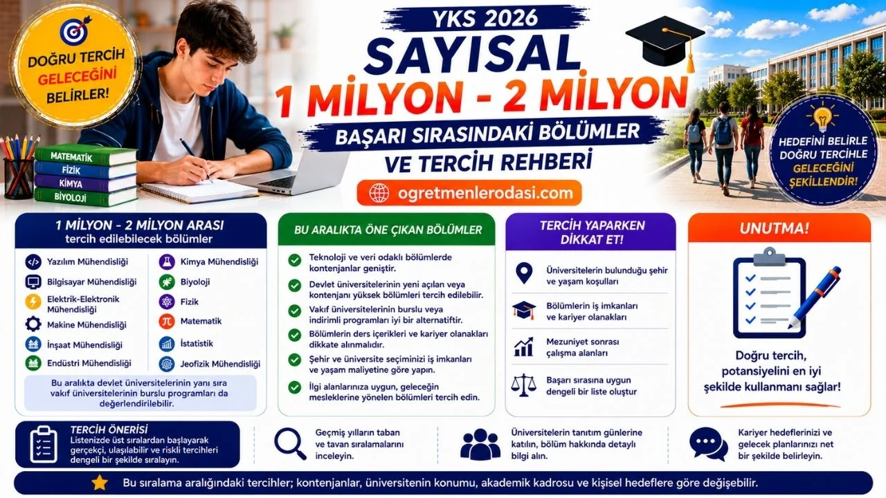 YKS Sayısal 1 Milyon 2 Milyon Sıralama ile Alan Bölümler ve Tercih Rehberi