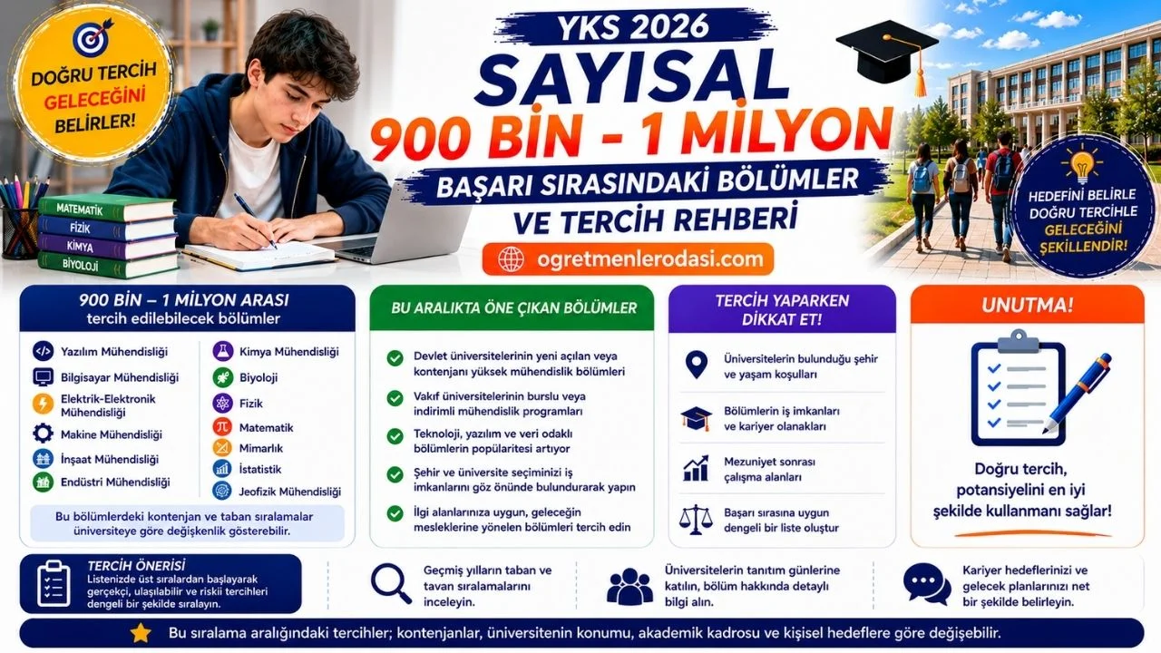 YKS Sayısal 900 Bin - 1 Milyon Başarı Sırasındaki Bölümler ve YÖK Atlas Tercih Rehberi